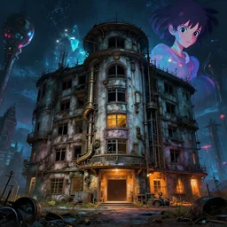 a beautiful photorealistic highly detailed asylum urbex unfinished building by moshe safdie, steampunk studio ghibli extraterrestial cyberpunk dramatic lighting poppy water anime otherworldly thermal imaging bladerunner 2 0 4 9 crystal universe at night, archdaily, wallpaper, highly detailed, trending on artstation.