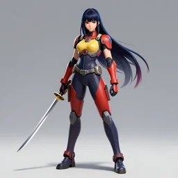 full body character poster art of woman in mecha pilot suit holding a katana, long straight hair, colourful, pretty face, anime by kuvshinov ilya, artgerm and greg rutkowski, 4 k, graphic design, adobe illustrator, behance, trending on pixiv