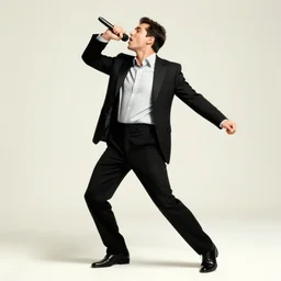 Superman performing Never Gonna Give You Up, singing into a microphone while dancing, black suit, striped shirt, light background, full color photograph, 4k