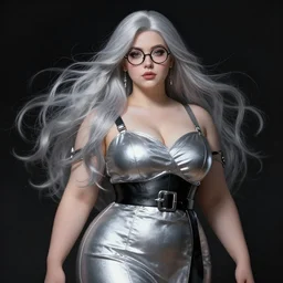 beautiful curvy female, long silver hair, round black glasses, silver and black dress with belt around waist line, silver accessories, highly detailed, digital painting, matte, particles, dark background, smooth, sharp focus, art by artgerm, alphonse mucha, frank frzetta, bouguereau, beksinski, cinematic