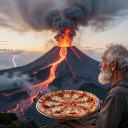 an extremely detailed old man holding a large pizza in front of a volcano spewing lava and black smoke, from below, streams of glowing hot lava, hot air refraction, flashes of lightning in the distance, wide shot, long shot, photo by wayne barlow, sunset, soft lighting, beautiful, artstation