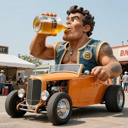 giant humanoid hotrod drinking oil like a beer, hyper realistic, award winning photo, in the style of Ed Roth