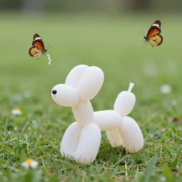 a tiny balloon animal in the shape of a puppy, playing with a butterfly in a meadow, worms eye view, real camera, real life, photorealistic