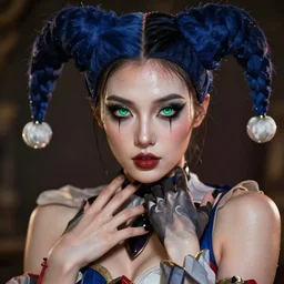 epic masterpiece portrait of a  female jester,  sweaty skin, hyperrealistic, octane render, cinematic, beautiful face and flawless skin, perfect hands, emeralds by Edgar Maxence and Ross Tran and Michael Whelan, Legends of Runeterra