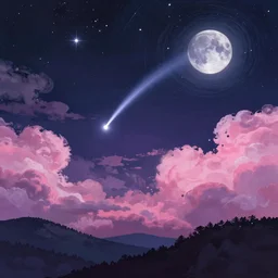 matte painting layered night sky. Comet in centre of night sky. Stars and a swirly starry night moon. pink and purple ombre puffy cotton candy clouds. Dark hills forest silhouette below. Cyril Roland naomi okubo.