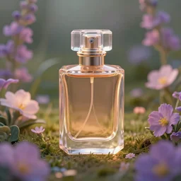 perfume bottle in an enchanted flower patch, softly - lit, highly detailed, realistic, up close shot, f 2 0