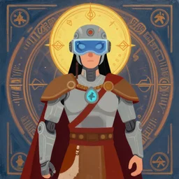 portrait of a future metaverse cyborg tech shaman warrior by Mandy Jurgens, 2D cartoon, flat cartoony, oil painting visionary art, symmetric, Magick symbols, holy halo, shipi bo patterns, sci-fi