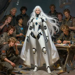 pulp scifi fantasy illustration full body android girl, very long white hair, cape, futuristic design, crafting, diy, by norman rockwell, roberto ferri, daniel gerhartz, edd cartier, jack kirby, howard brown, ruan jia, tom lovell, jacob collins, dean cornwell, astounding stories, amazing, fantasy, other worlds