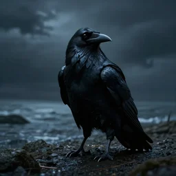 ghastly grim and ancient raven wandering from the nightly shore - - tell me what thy lordly name is on the night's plutonian shore, highly detailed, cinematic lighting, cedric peyravernay maciej kuciara, dramatic lighting, medium shot, ground angle, uhd 8 k, shallow depth of field