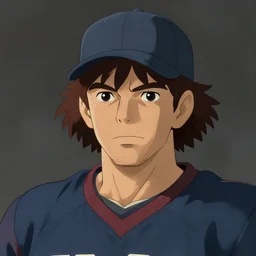 young jock portrait, medium hair brown, baseball cap, no beard, olive skin, strong jaw, strong neck, football jersey jersey, art by studio ghibli and greg rutkowski and artgerm and ilya kuvshinov, portrait, d & d, fantasy, highly detailed, digital painting, headshot, trending on artstation, concept art, sharp focus, illustration