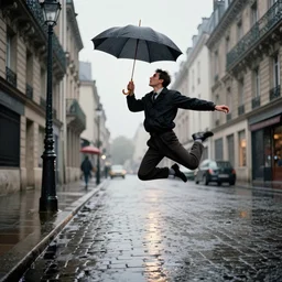 the man leaping with an umbrella in a raining paris street, by henri cartier bresson,
