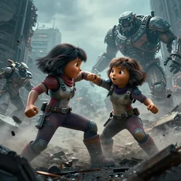 film, detailed photoreal, futuristic dora the explorer, brawl, knockout punch, haymaker impact, shatter, emerging from smoke and debris in war zone, crumbling buildings, titanfall irl, hawken, pacific rim, flat color profile low - key lighting award winning photography arri alexa cinematography, hyper real photorealistic cinematic, atmospheric cool colorgrade