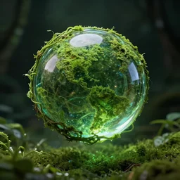 professional photo of the magical element of green earth, flora, vines, glass perfectly round sphere hovering in the air, arcane magic, ultra detailed, dramatic lighting, caustics