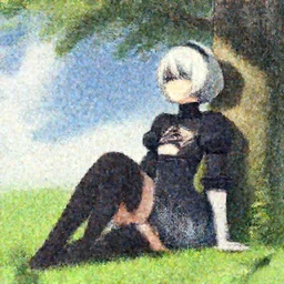 beautiful anime scenery with 2B from the Nier Automata series sitting in the grass beside a tree looking idly into the sky