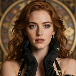 a close up portrait of emma stone, she is dressed as a belly dancer,, arabian night, in focus sharp face with fine details, wearing black gloves, volumetric lightening, octane render, high quality, fully detailed, 4 k, alphonse mucha, masterpiece, stunning