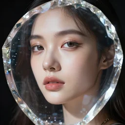 beautiful girl's face seen through a transparent crystal, masterpiece portrait, dramatic lighting, 8k