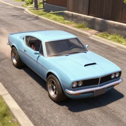 A beater faded Powder Blue Dodge Aspin in FlatOut 2