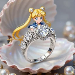 a beautiful photorealistic diamond wedding ring made of platinum glowing in sparkles with heavenly notes neo rococo, pearls and shells, highly detailed sailor moon aesthetic, fantasy, intricate, elegant, highly detailed, digital painting, artstation, concept art, matte, sharp focus, illustration, artgerm and greg rutkowski and alphonse mucha