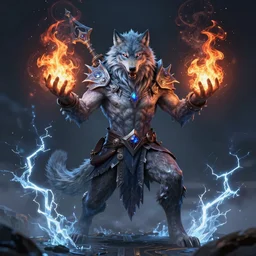 magic humanoid strong wolf sorcerer casting a powerful arcane magic spell, fire, ice, lightning, fantasy, occult, mystical, majestic pose, medium shot, dramatic lighting, cinematic scene, frank frazetta, visually stunning, sharp focus, highly detailed, colorful, godrays, trending on artstation, unreal engine, octane render, cgsociety, artgerm, award - winning