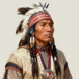 A full portrait of a native american scout, intricate, elegant, highly detailed, digital painting, artstation, concept art, smooth, sharp focus, illustration, art by Krenz Cushart and Artem Demura and alphonse mucha