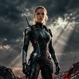 Millie Bobby Brown as the Terminator, movie still, dramatic, dark, bloody, doomsday