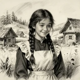 a sadly smiling black haired, young hungarian village maid from the 19th century who looks very similar to Lee Young Ae with a braids, detailed, sketch by Rembrandt, Csók István and da Vinci