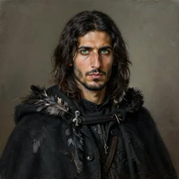 portrait painting of a middle eastern man with shoulder length hair wearing a tattered black cloak with feathers and a coat, green eyes sharp focus, award - winning, trending on artstation, masterpiece, highly detailed, intricate. art by rebecca guay