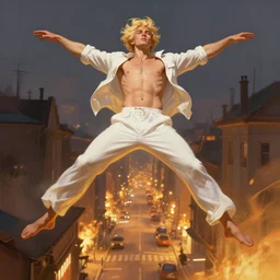 wide angle of attractive blonde man wearing a white linen pants levitating over the street below, arms spread wide, the streets are ablaze, highly detailed, digital painting, artstation, concept art, smooth, sharp focus, illustration, art by artgerm, greg rutkowski, alphonse mucha, j. c. leyendecker
