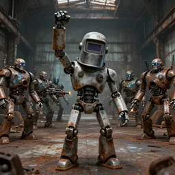 a realistic crazy robot wearing a welding helmet, welding helmet head, one fist raised high in triumph, raised fist, standing in front of an army of robots inside a huge rusty dingy warehouse, army of insane robots, raygun gothic, atomic punk, digital art, detailed render