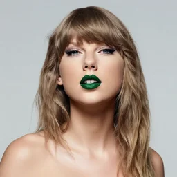 portrait photo of Taylor Swift, green lipstick, studio lighting