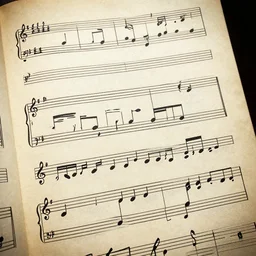 haunted music sheets, hyper detailed, stained paper, clear calligraphic musical notes, horror,