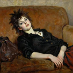 A punk girl lying on a sofa, cinematic lighting, oil painting by John Singer Sargent