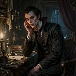 detailed photorealistic matte painting night portrait of single neurotic british man thin face confidant vampire in a dusty workshop cluttered with paraphernalia drapery scattered books ( curtains drawn ) atmospheric hdr vivid color octane render unreal volumetric lighting subsurface scattering greg rutkowski artstation