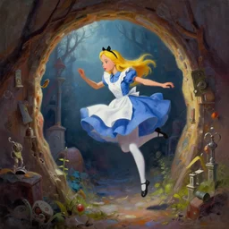 alice in wonderland looking into a portal hopping and time warping with reckless abandon, masterpiece digital painting by Greg Rutkowski, Alex Grey, artstation, 4k wallpaper