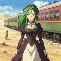 makoto shinkai, artgerm, ilya kuvshinov, steampunk beautiful anime woman, victorian dress, green hair, symmetrical face, symmetrical eyes, action scene, train in the desert, detailed, summer setting, cinematic lighting