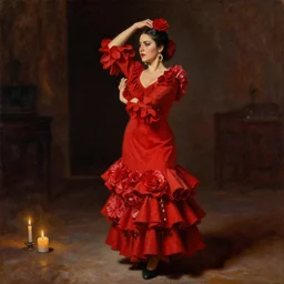 vintage detailed oil painting of spanish flamenco dancer in mallorca wearing a red dress made of flowers, dimly lit by candles on the ground, looking away, dark shadows, photo realistic, extreme detail skin, no filter, slr, 4 k, high definition