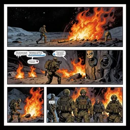 no border 3 panel graphic novel layout burning fuel cryogenic tears of hyperspace loneliness small unit tactics behind enemy lines littoral combat photorealistic graphic novel layout by michael komarck, greg rutkowski, victo ngai, artgerm, willem claesz heda and j. dickenson roger deakins john seale syd mead