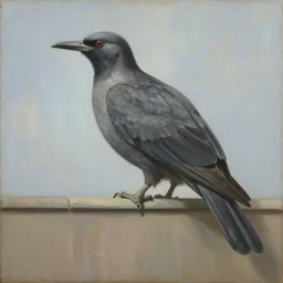 a painting of a huge bird peeping over a wall that fills the bottom half of the picture, by clarence holbrook carter
