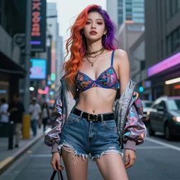 fashion photography, gorgeous woman with colorful hairs, wearing bra and shorts streetwear, cyberpunk city street, costume design, illustration, cinematic color grading, editorial photo, fashion, hyperrealism, trending on artstation, by charlie bowater, detailed, intricate, elegant, vfx, postprocessing, octane render, 8 k