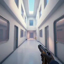 screenshot of a first person shooter game on unreal engine 5, narrow modern hallways of a government office facility with white dry wall, psychedelic, photorealistic, retrofuturism, concept art, trending on artstation