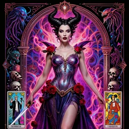 closeup portrait athena goddess gothic varga elvira blade runner megan fox maleficent roses medusa, wicca, ornate arch, energy, cthulhu, kraken, skulls, futurepunk, glamour pose, moebius, gta v, dan mumford, mucha, nagel, tarot card, d & d, neon art deco, black paper, vibrant, greg rutkowski,