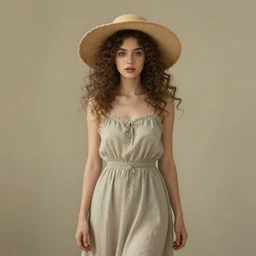 a portrait of a woman with curly hair wearing a sundress and a hat, fantasy art