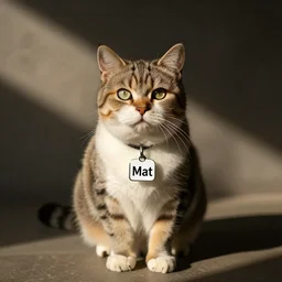 a cute cat with a name tag that says Mat