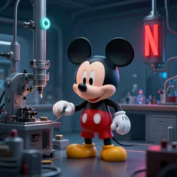render of mechanics operating mickey mouse in facility laboratory, with glowing red netflix logo, low light with only 1 mint and 1 red light, made by beeple, octane render, unreal engine, cinema 4 d, artstation, 4 k highly detailed art