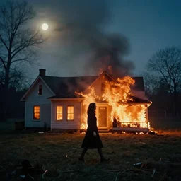 Gregory Crewdson full color Photography, A woman walks calmly while her house is on fire, atmospheric lighting , moonlight