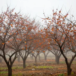 on a misty, a group of butterflies perched in a grove of burning peach trees, by craig mullins