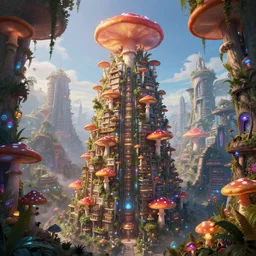 a single centered magnificent mushroom skyscraper hotel, heavily populated and full of life, bioluminescent magical mushrooms, mushroom fairy forest solarpunk city, unreal engine 5, immense sense of scale, digital art by beeple, trending on artstation