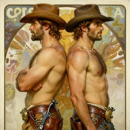a homoerotic painting by greg rutkowski, alphonse mucha of two attractive hairy shirtless cowboy gunslingers in love standing back to back | bandoliers, leather clothing | detailed face, natural lighting, path traced, highly detailed, high quality, digital painting, trending on artstation