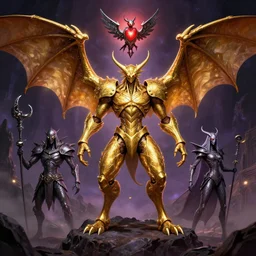 aethersquall ancient!!!!!, djinn of wishes!!!!, kothophed, soul hoarder!!!, reaper of night!!!!, golgari findbroker, a metal bird shaped like a bat with a glowing red heart for a head!, a leathery golden body that folds into itself at the joints and wings spread wide as if it is taking off!!