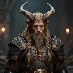 fantasy warrior with horn, portrait photo, photorealistic, ultra detailed, bokeh effect